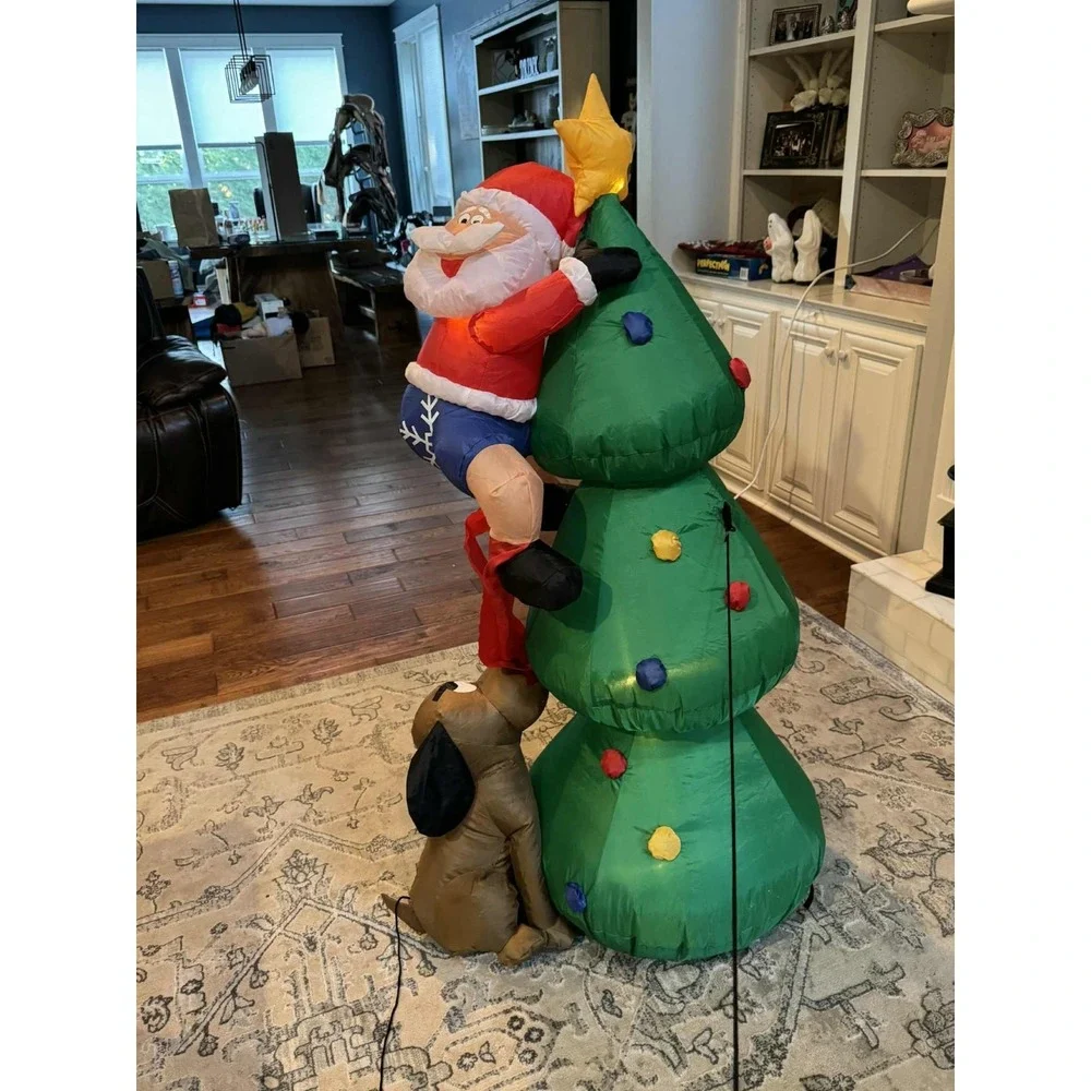 Gemmy Inflatable Dog Pulling Santa's Pants Xmas Tree Airblown Christmas Decor 7'